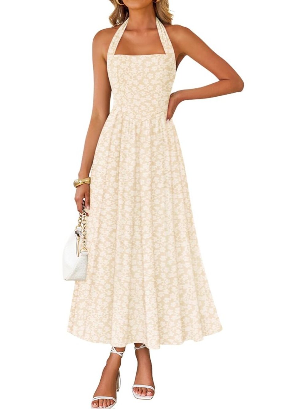 Women's Apricot Halter Neck Flowy A Line Summer Sleeveless Floral Maxi Dress